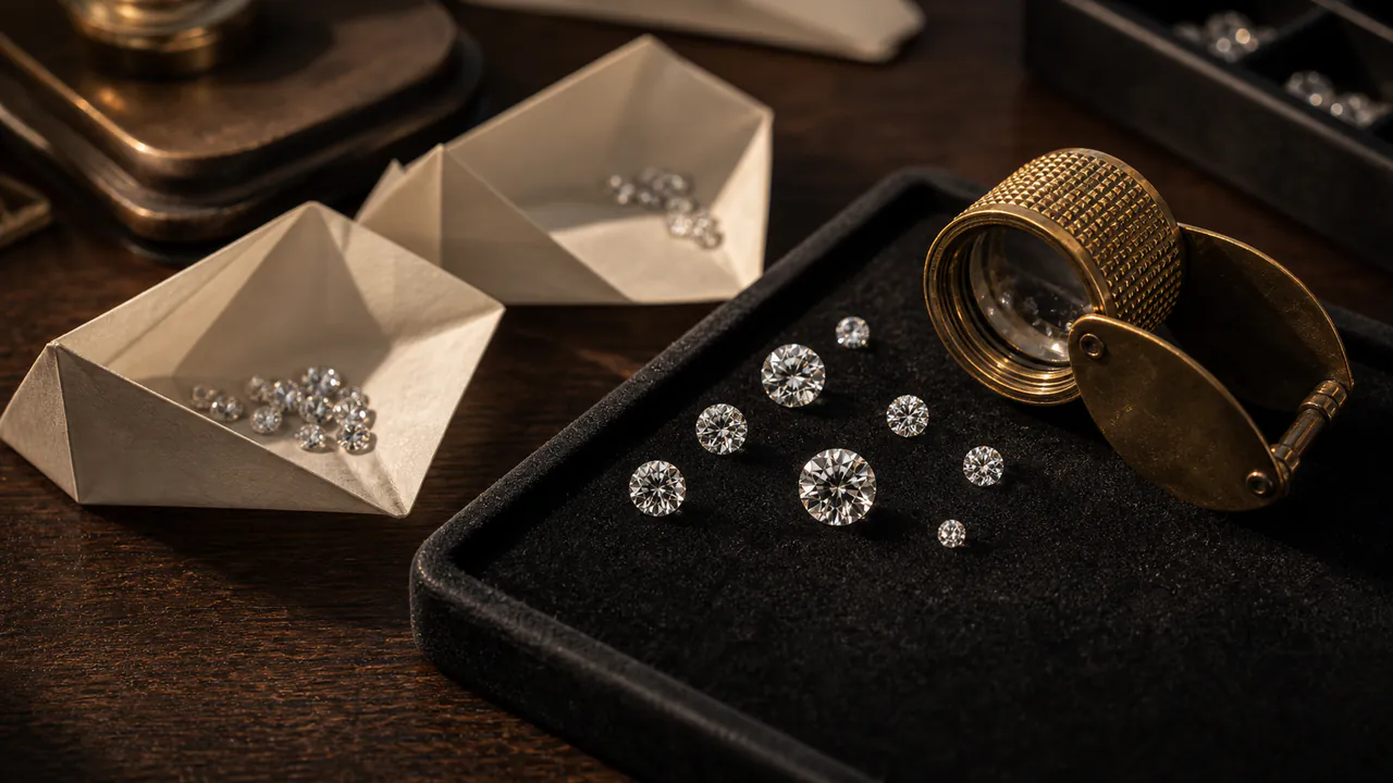Loose round brilliant diamonds sit on a black grading tray beside a brass loupe and folded parcel papers.