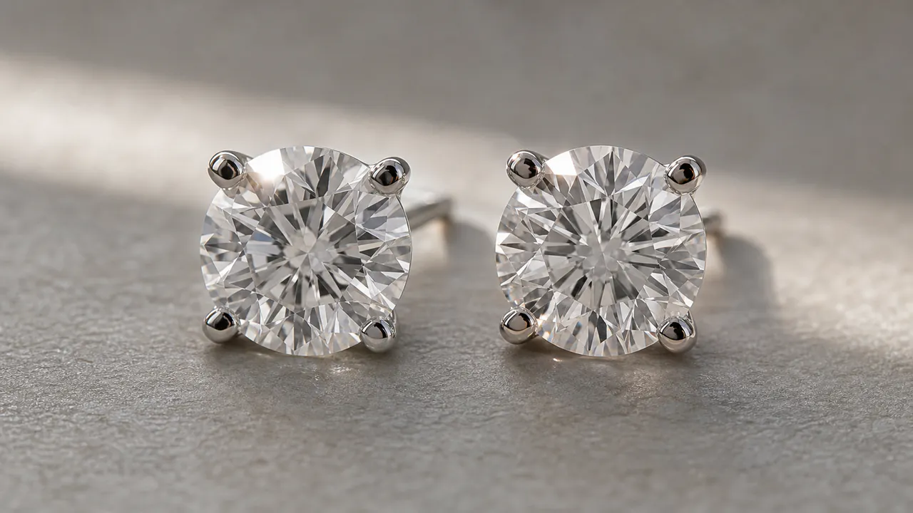 A pair of round brilliant diamond stud earrings faces the camera against a warm grey backdrop.