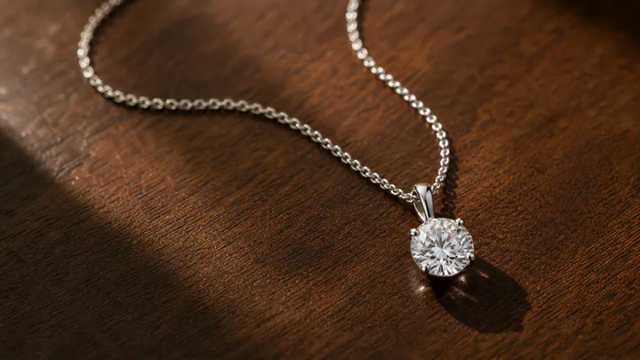 A solitaire diamond pendant rests on dark walnut with a fine white gold chain.