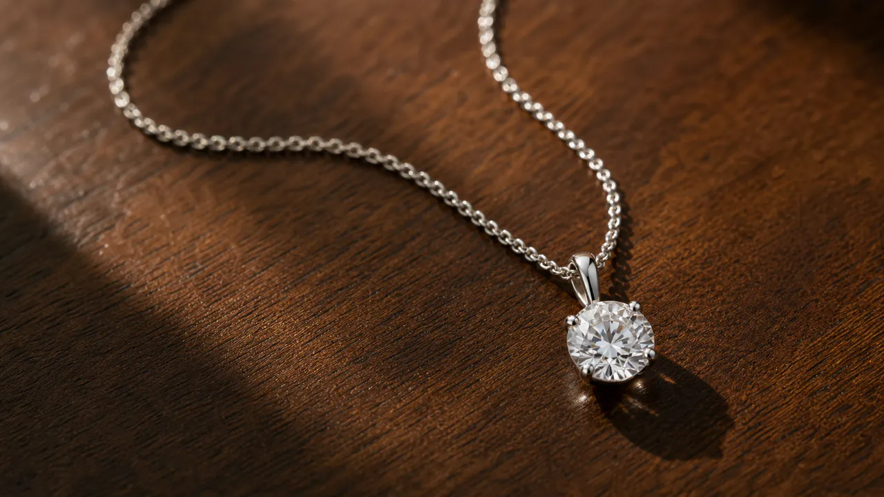A solitaire diamond pendant on a fine white gold chain rests on polished dark walnut.