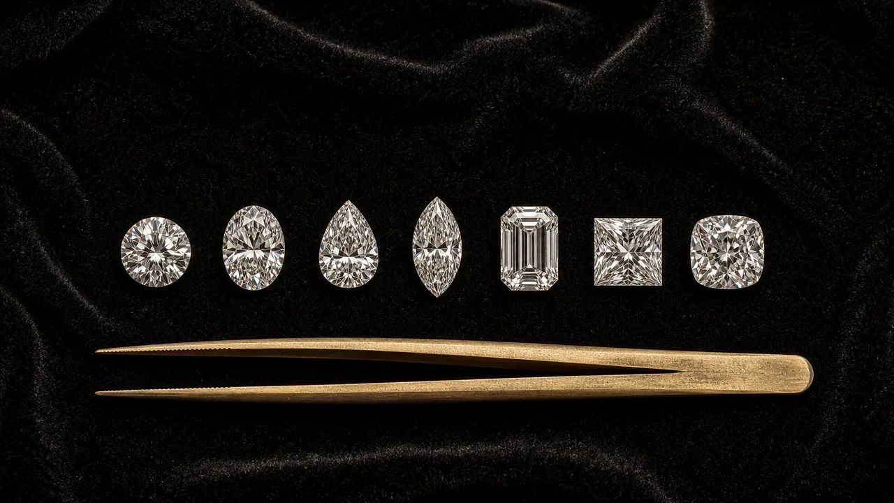 Loose diamonds in round, oval, pear, marquise, emerald, princess and cushion shapes arranged on a dark tray beside tweezers.