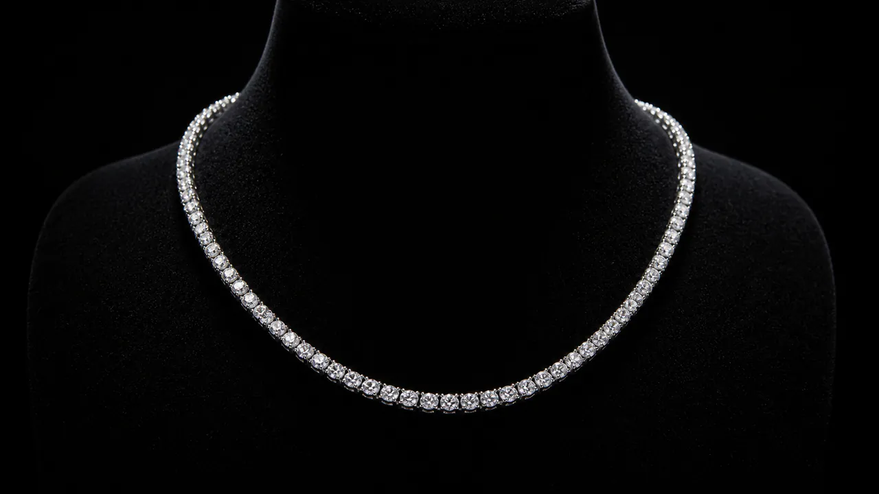 A diamond tennis necklace catches overhead light on a dark velvet display bust.