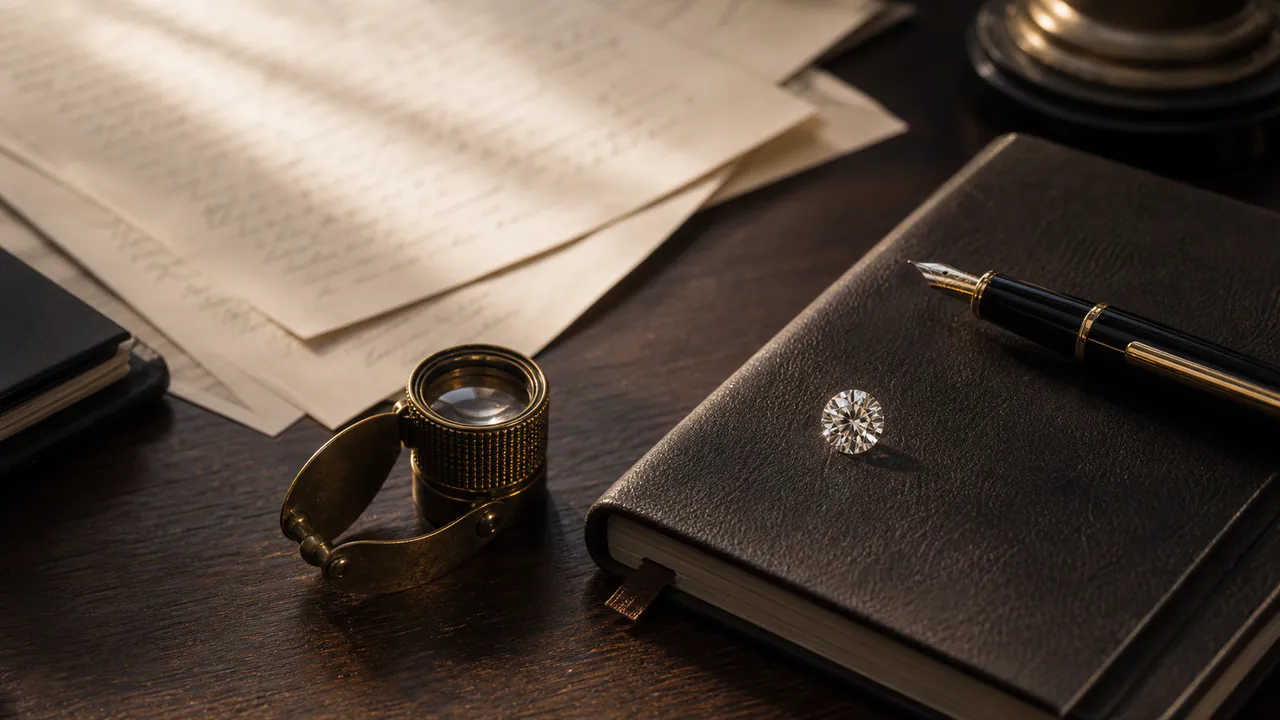 A notebook, fountain pen, brass loupe, loose diamond, and cream paper sit on an editorial desk.