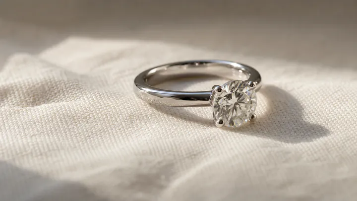 A solitaire diamond engagement ring rests on cream linen in soft window light.