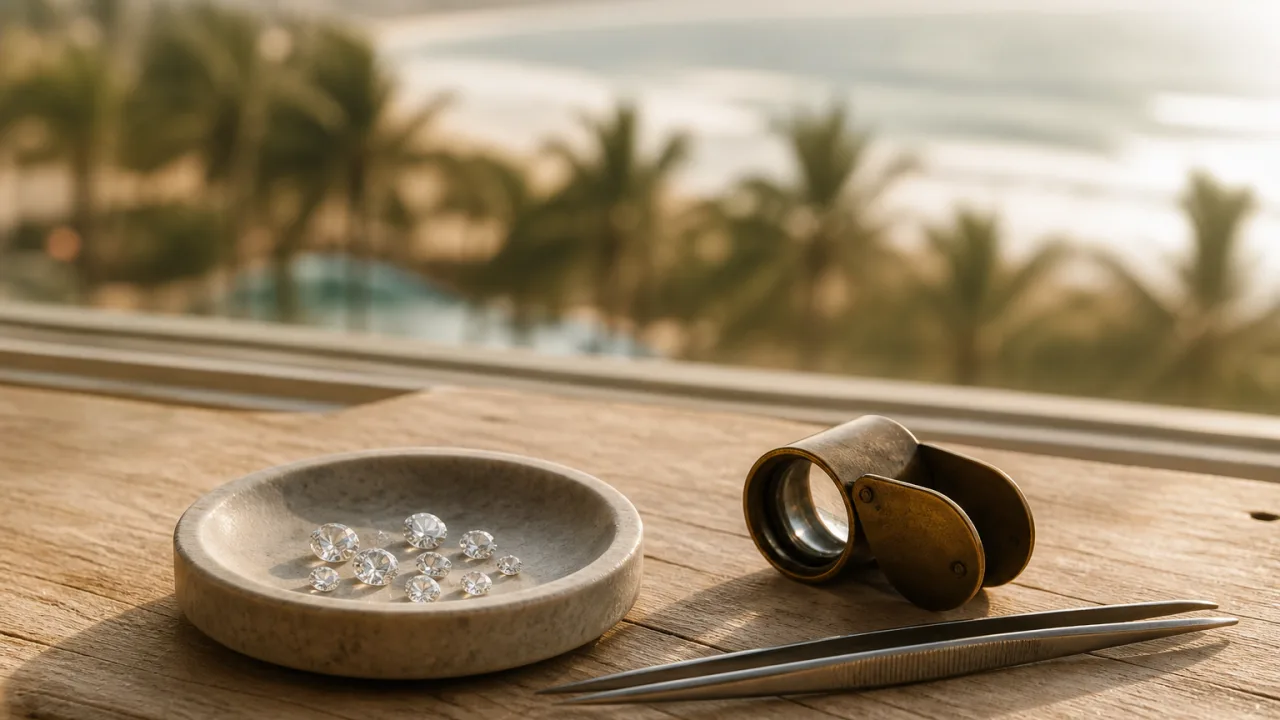A stone dish of loose round brilliant diamonds, a brass loupe and steel tweezers on a pale wooden desk, with the Durban coastline and palms far out of focus beyond the window.