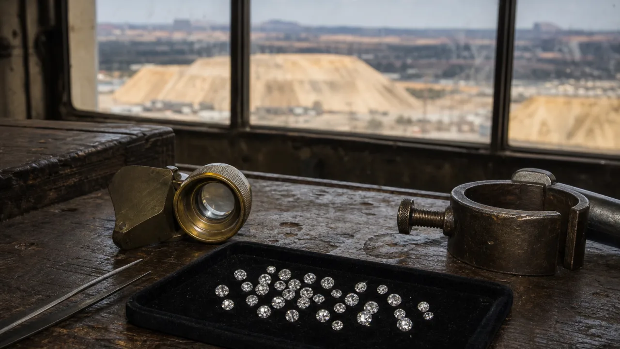 A black velvet tray of loose round brilliant diamonds, a brass loupe and a ring clamp on a worn workbench, with flat-topped mine dumps on the Johannesburg horizon through a dusty steel-framed window.