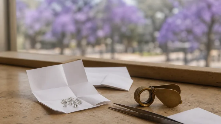 Parcel papers of loose diamonds and a brass loupe on a sandstone desk, with jacarandas in purple bloom out of focus beyond the window.
