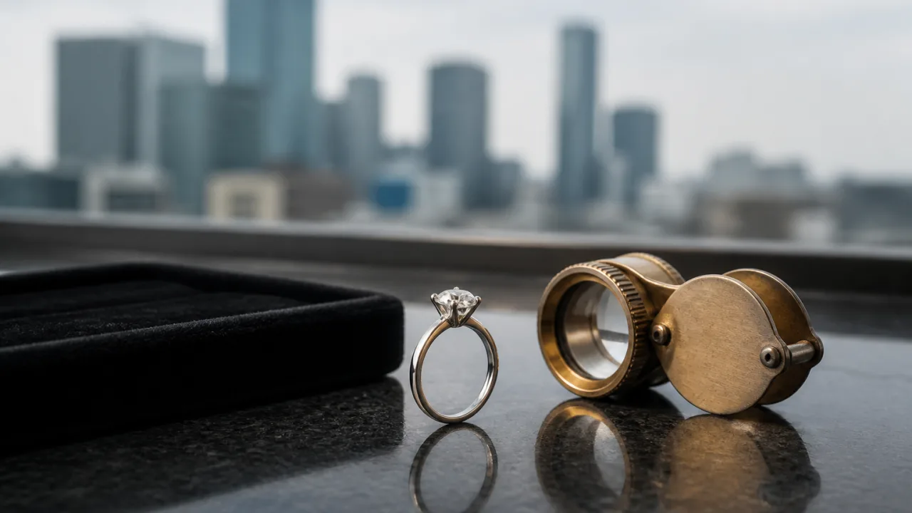 A solitaire diamond ring standing upright beside a brass loupe and a black velvet tray on polished dark stone, with the glass towers of the Sandton skyline out of focus behind.