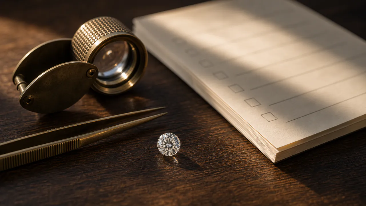A loose diamond, brass tweezers, and jeweller loupe sit beside an unmarked checklist sheet.