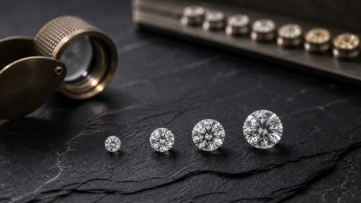 Four loose round brilliant diamonds are arranged by size on dark slate.