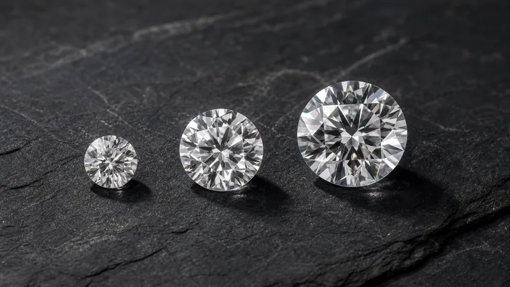 Three round brilliant diamonds of increasing size sit in a row on dark slate.