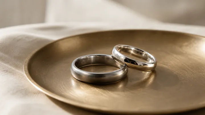 Two simple wedding bands lie on a brushed brass tray in natural daylight.