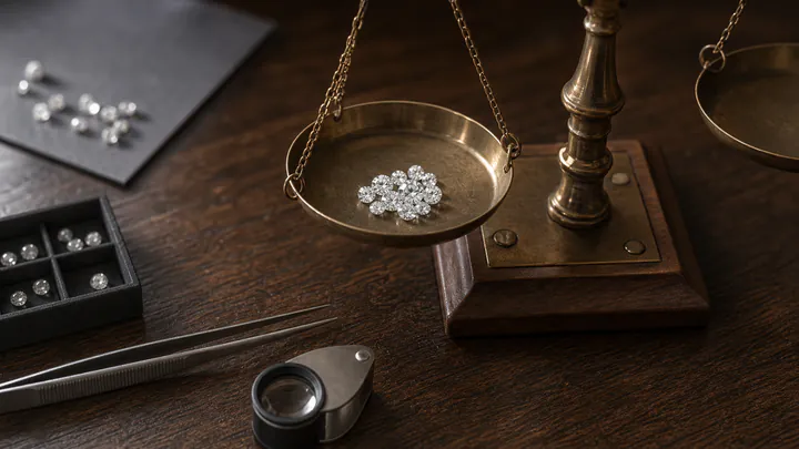 A brass jewellery scale weighs a small parcel of diamonds on a dark workbench.